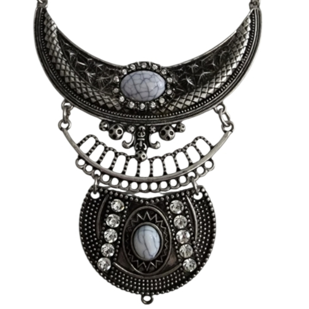 Silvertone Statement Necklace Tribal Design